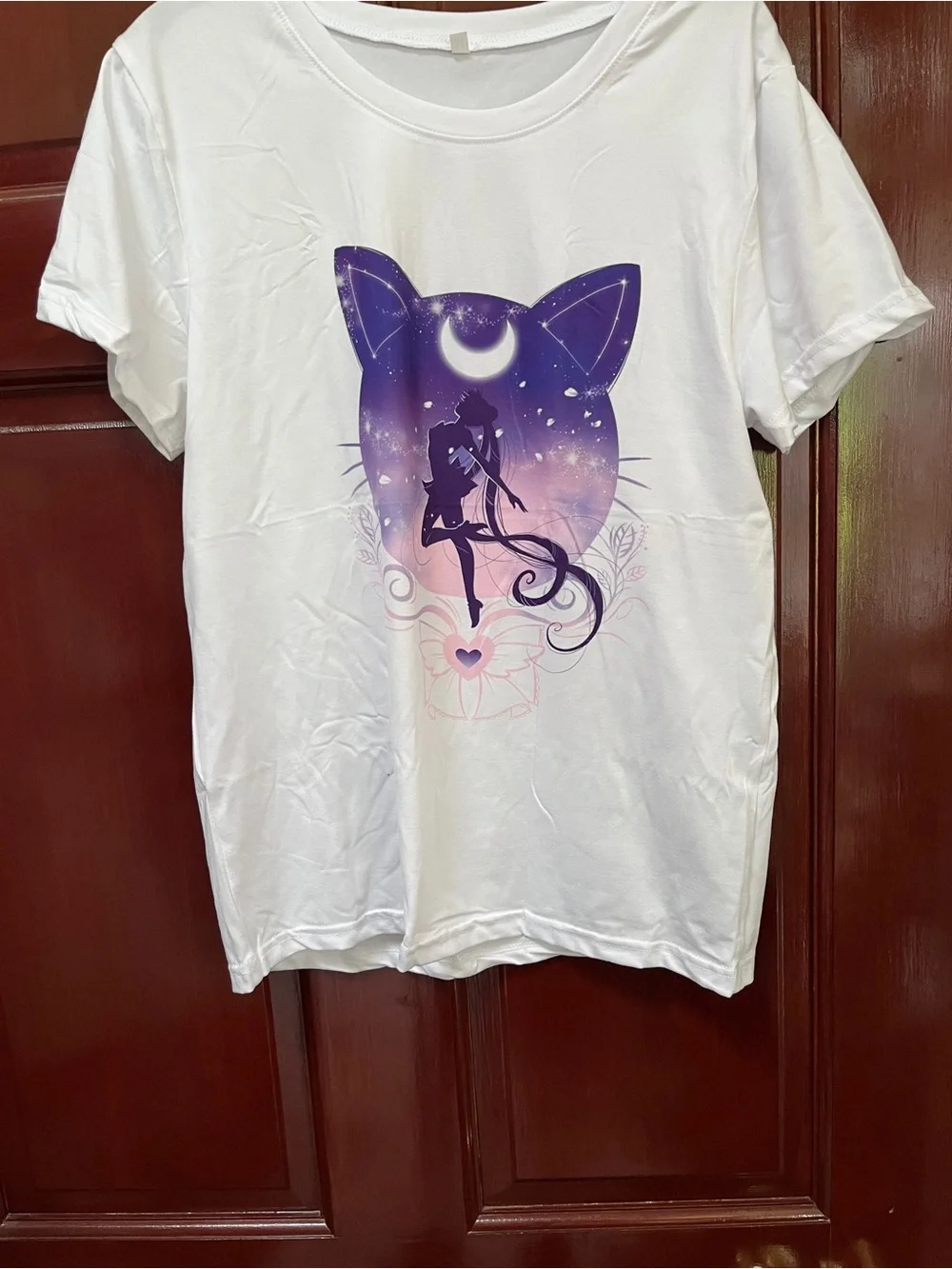 White Cat-Graphic T-Shirt with Purple Ombre Sailor Silhouette